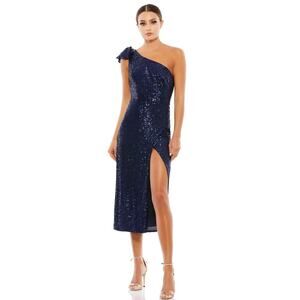 Ieena Duggal Sequined Bow Detail Midi Dress with High Slit Navy Blue size 2